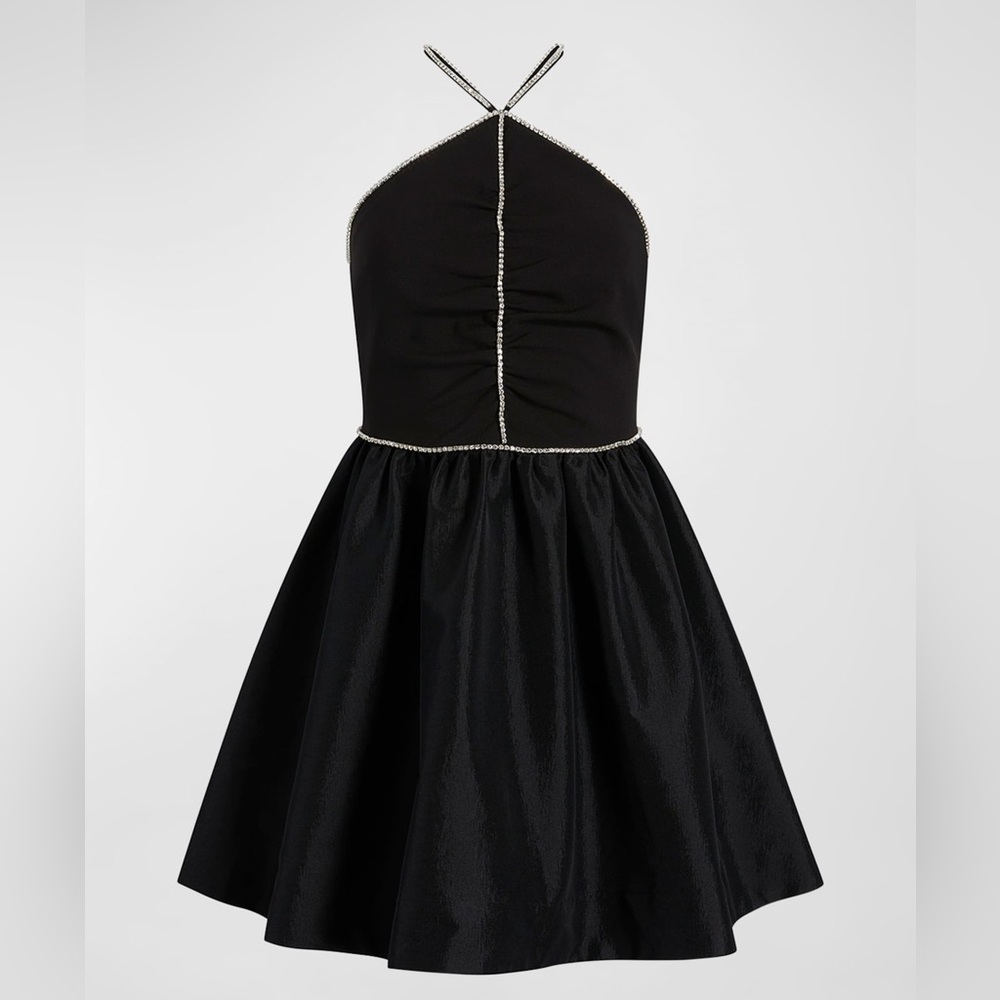 LIKELY black halter mini dress with rhinestone trim